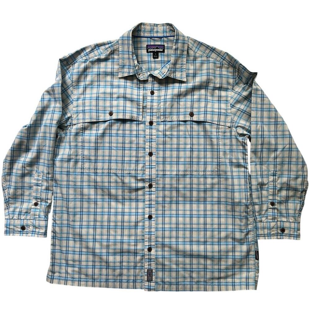 Patagonia Plaid Button-Up Shirt L Blue Beige Long Sleeve Outdoor